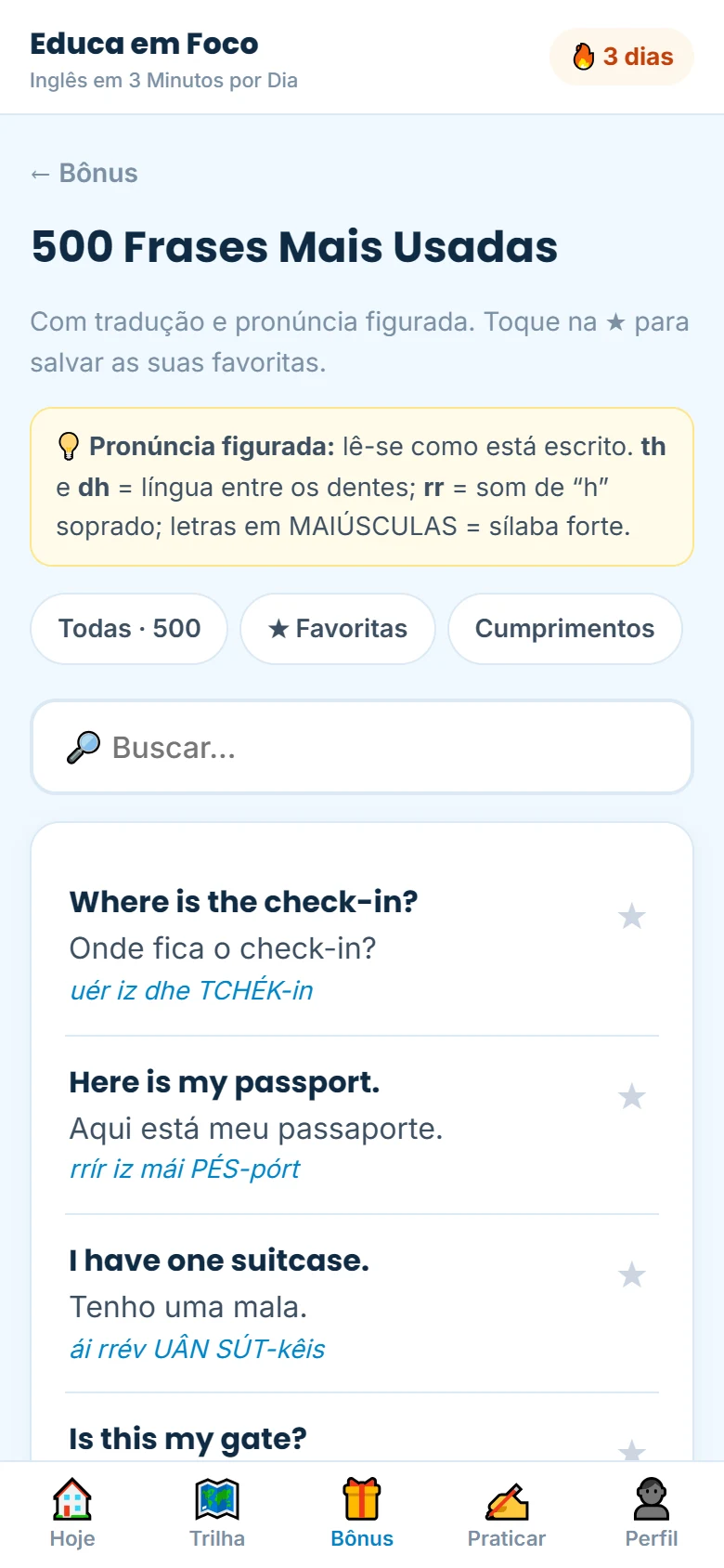 Tela das 500 frases no aplicativo