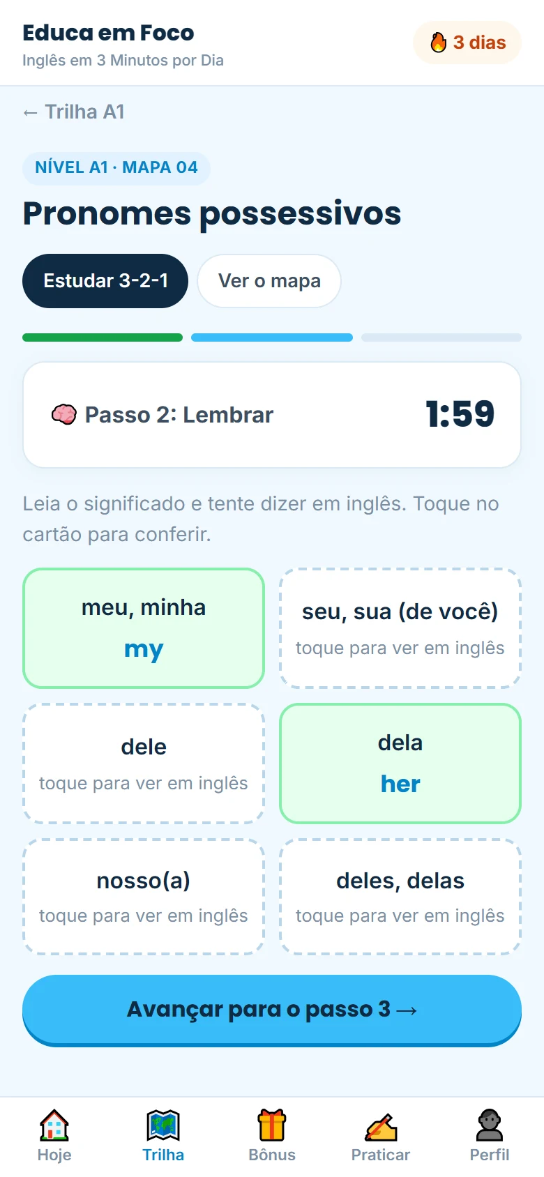Passo 2 do método: lembrar, tocando nos cartões