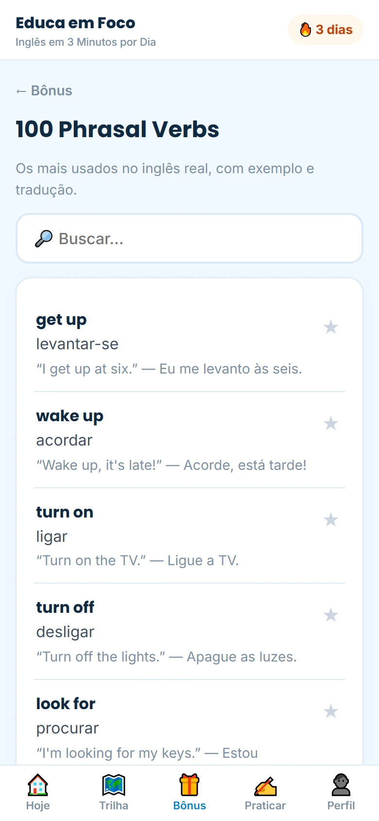 Tela dos 100 phrasal verbs no aplicativo